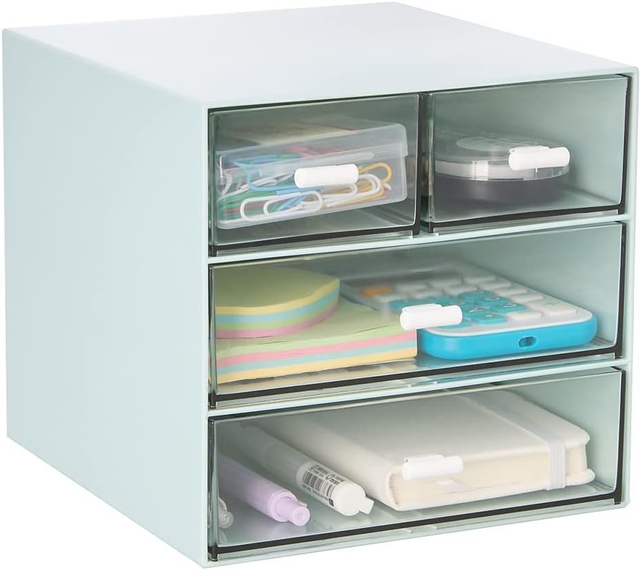 Desk Organizer with 4 Drawers, Clear Plastic Desk Storage Box, Desktop Organization for Office Supplies, Gel Pens, Pencils, Markers, Tape, Erasers, Paperclips, Chargers (Blue)