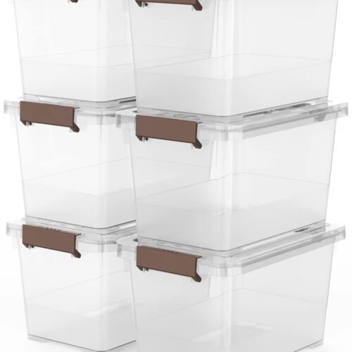 6-Pack Clear 7 Quart Storage Latch Box/Bins, Plastic Stackable Latching Box with Brown Handle and Lid, Multi-Purpose, 7 Litre