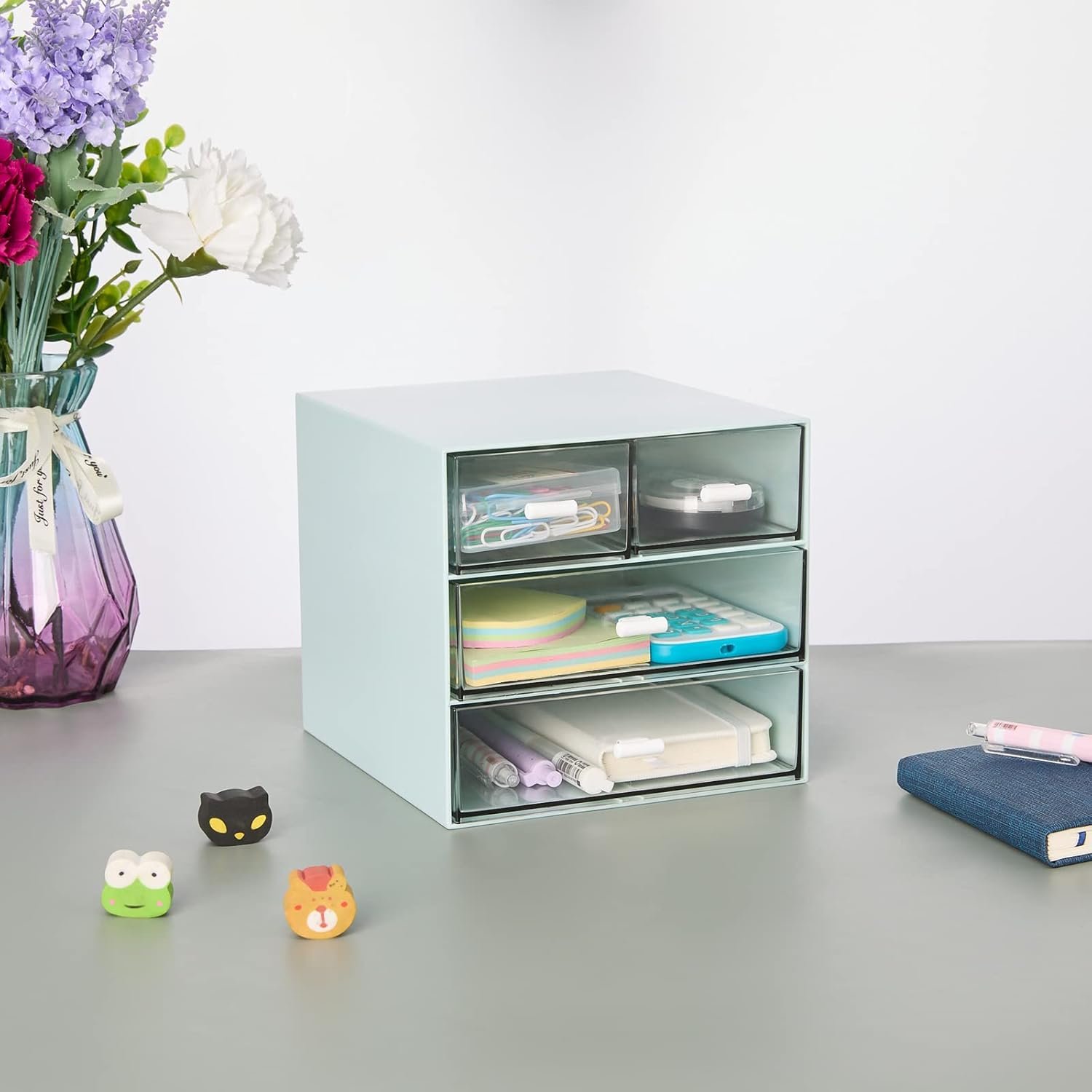 Desk Organizer with 4 Drawers, Clear Plastic Desk Storage Box, Desktop Organization for Office Supplies, Gel Pens, Pencils, Markers, Tape, Erasers, Paperclips, Chargers (Blue) - Image 2