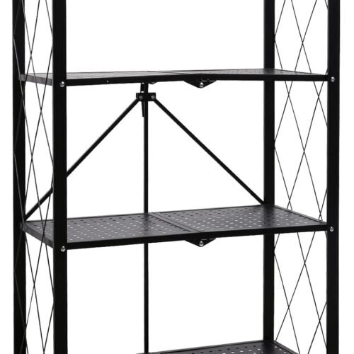 Heavy Duty 4-Tier Foldable Metal Rack, 28.1" D x 18.5" W x 49.61" H Storage Shelving Unit with Wheels Moving Organizer Shelves for Garage Kitchen, Black