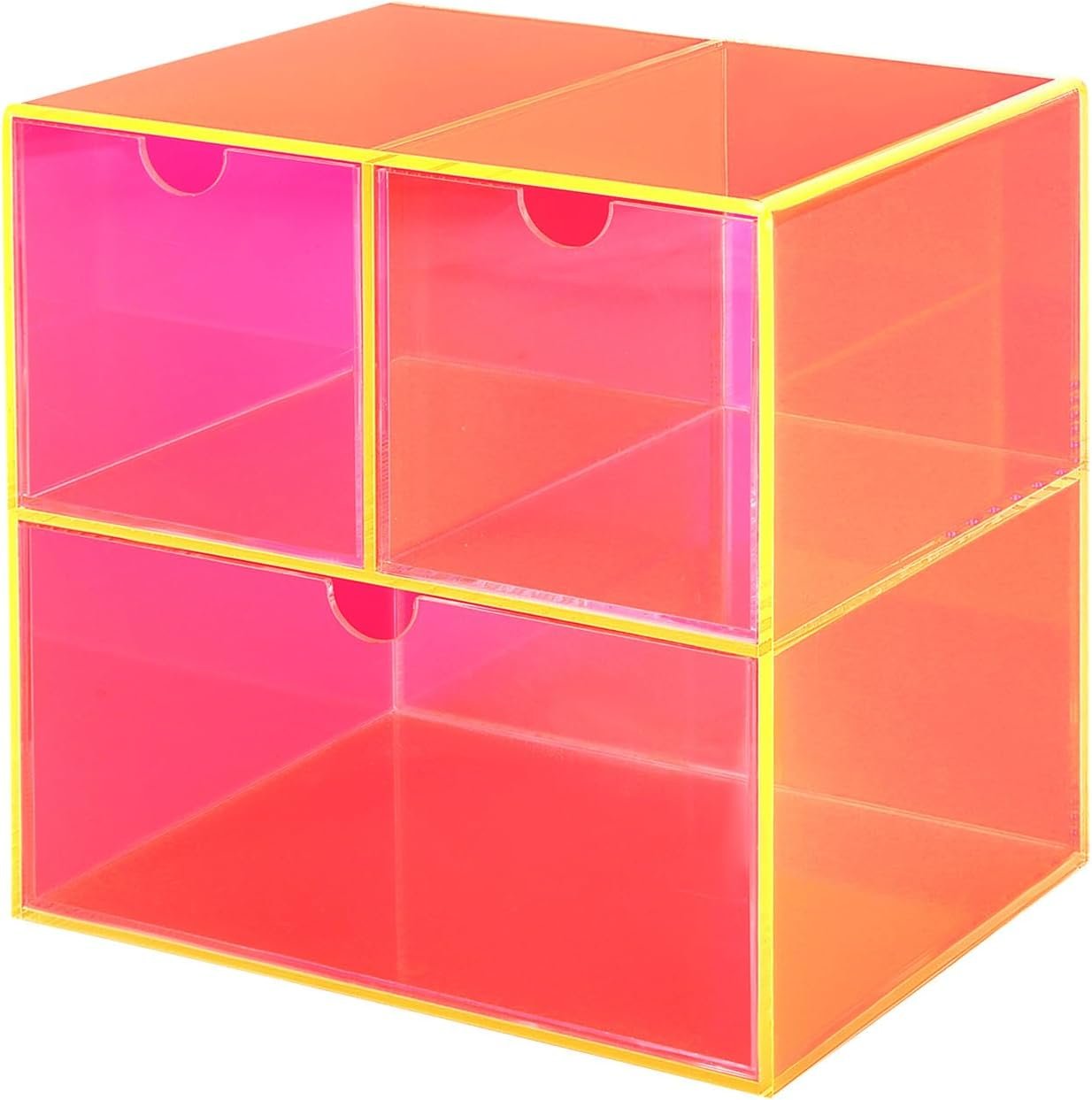 Desk Organizer with 3 Storage Drawers for Makeup Office Acrylic Desktop Drawer Organizer for Vanity Office Organization and Storage Box, Neon Pink