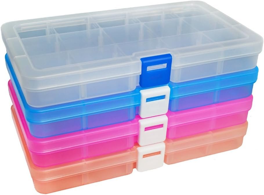 Plastic Organizer Container Storage Box Adjustable Divider Removable Grid Compartment for Jewelry Beads Earring Container Tool Fishing Hook Small Accessories (15 grids, 4 Colors)
