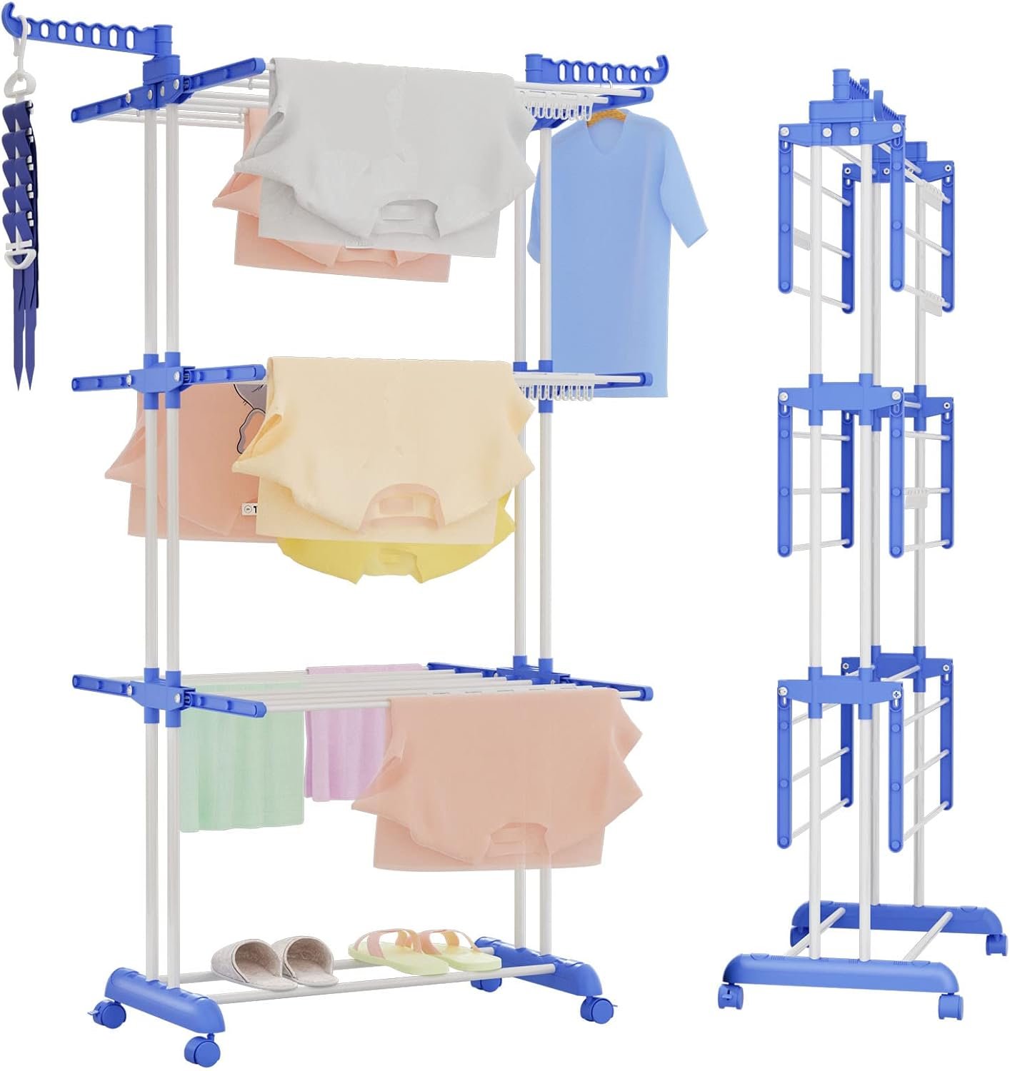 Clothes Drying Rack,Folding Clothes Rail Storage Rack, 4 Tier Clothes Horses Rack Stainless Steel Laundry Garment Dryer Stand with Two Side Wings -Light Blue