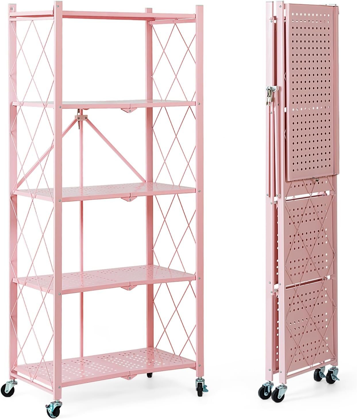 5-Tier Foldable Storage Shelves with Wheels, Folding Metal Rack Shelving Unit, Heavy Duty No Assembly Organizer Shelf for Garage, Kitchen, Basement, Pantry, Pink