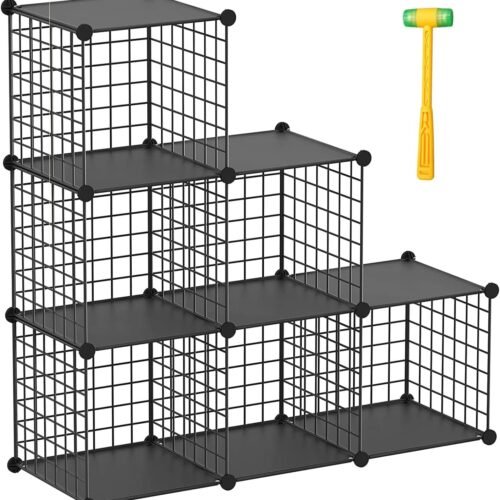 Wire Cube Storage Organizer, Metal Storage Shelves Bookshelf, Stackable Modular Closet Organizer for Bedroom Living Room, Office,Storage Shelves（6-Cube，Black）