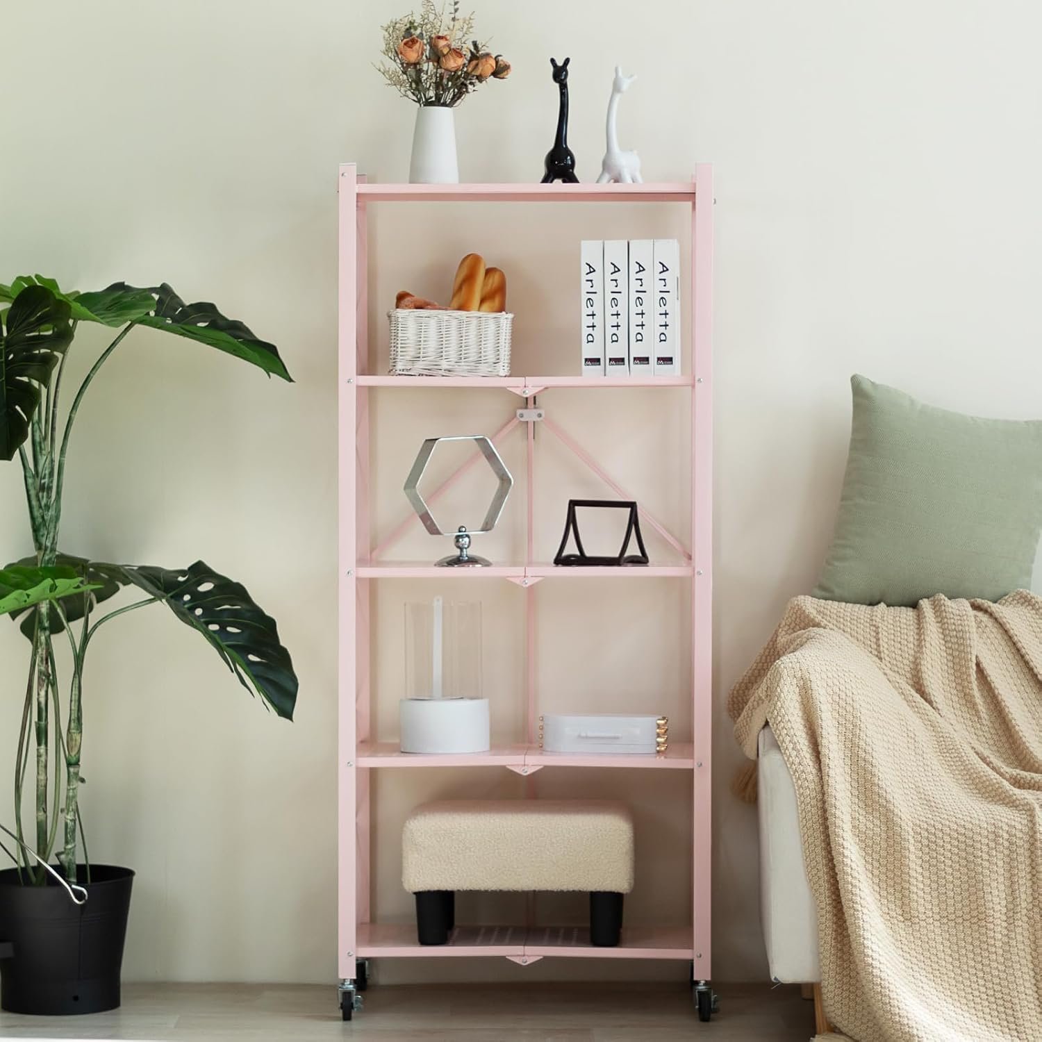 5-Tier Foldable Storage Shelves with Wheels, Folding Metal Rack Shelving Unit, Heavy Duty No Assembly Organizer Shelf for Garage, Kitchen, Basement, Pantry, Pink - Image 2