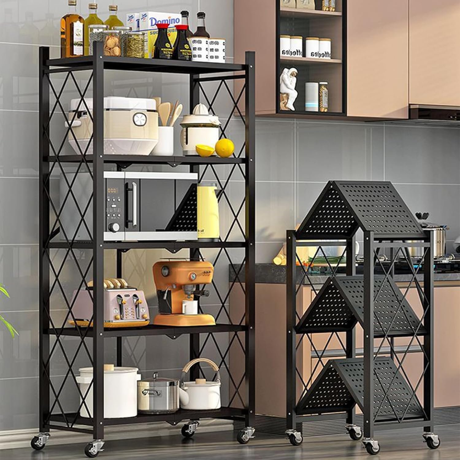 Foldable Shelves Folding Shelf no assembly - Folding Storage Shelves with Wheels, Pop it Heavy Duty Folding Rack, Collapsible Shelf Kitchen Organizers and Storage, Folding Metal Shelves 4-Tier