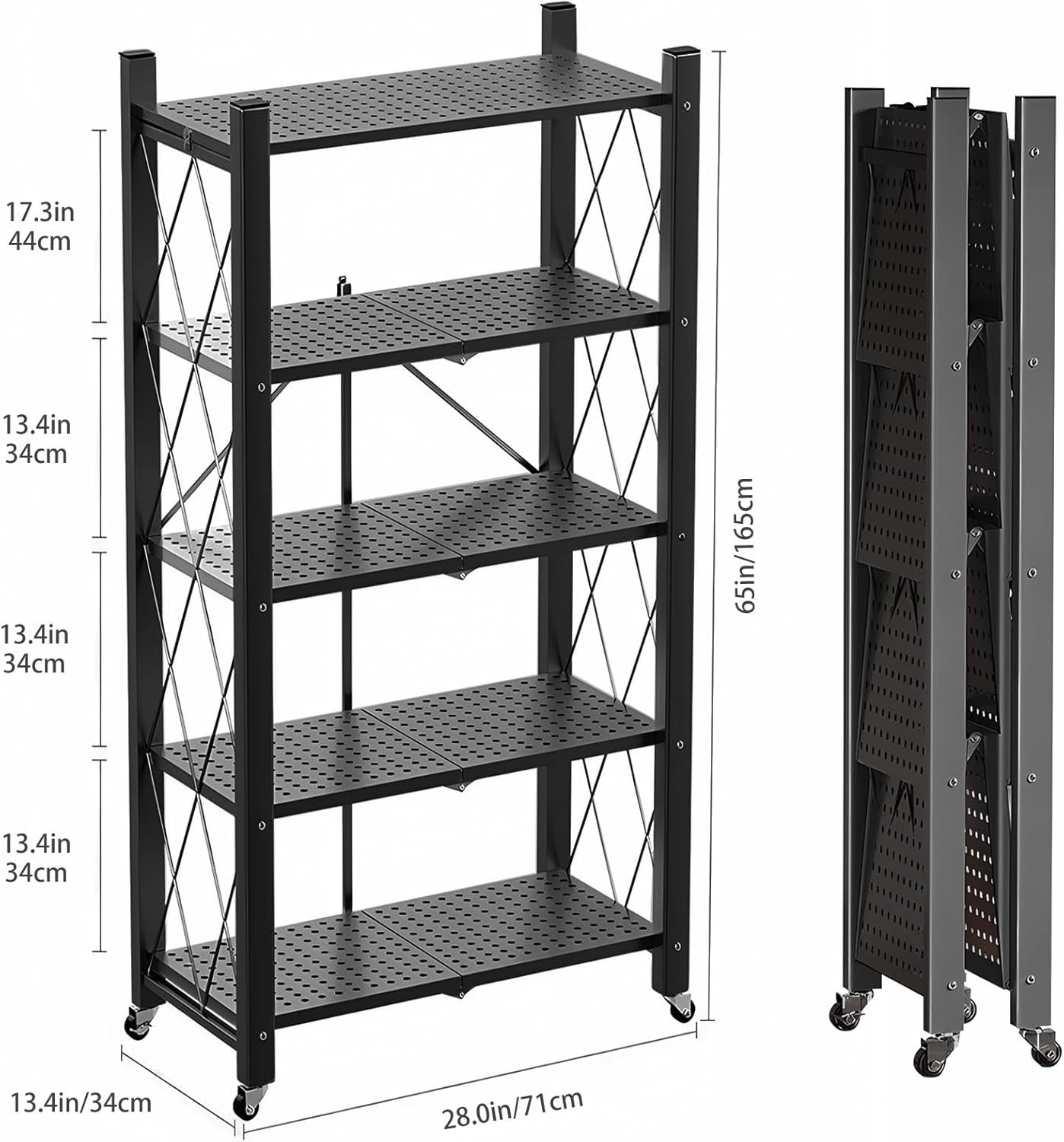 5 Tier Foldable Storage Shelves with Wheels,Heavy Duty Metal Storage Shelving Unit Rolling Cart,No Assembly Utility Shelf Rack Organization Shelves for Garage Kitchen,Basement,Pantry - Image 2