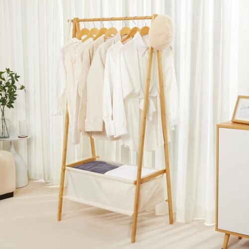 Bamboo Clothes Rack with Storage Box, Garment Holder Clothing Stand for Hanging Coat, Foldable Wardrobe Organizer for Entryway and Bed Room (Natural)