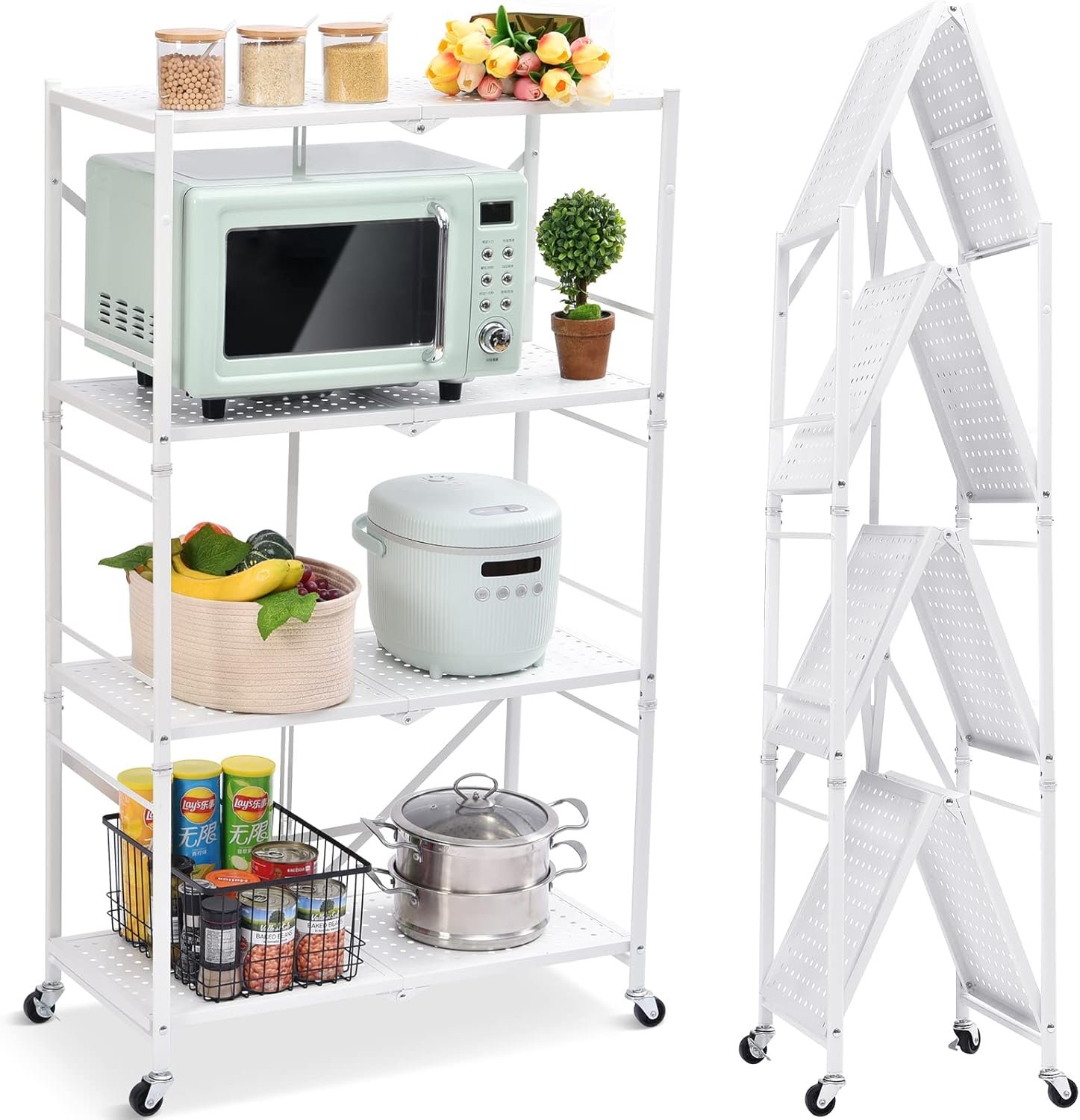 Foldable 4-Tier Storage Shelving Unit with Lockable Wheels, Space-Saving Organizer Rack for Home and Office, Freestanding Metal Rack, 1 Piece, White