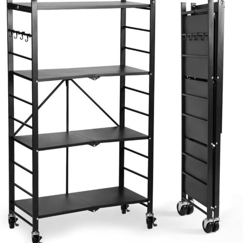 Foldable Shelf with Wheels | 4-Tier Versatile Expandable Shelf Storage Solution - Strong & Stylish Carbon Steel. Use Anywhere from Kitchen Racks and Shelves to Laundry Room Storage Rack
