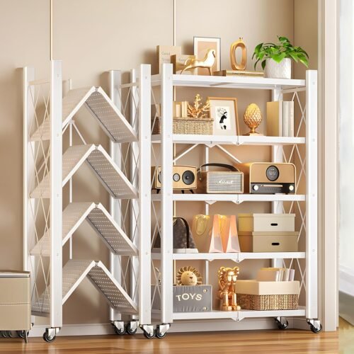 5 Tier White Foldable Storage Shelves with Wheels,Heavy Duty Metal Storage Shelving Unit Rolling Cart,No Assembly Utility Shelf Rack Organization Shelves for Garage Kitchen,Basement,Pantry