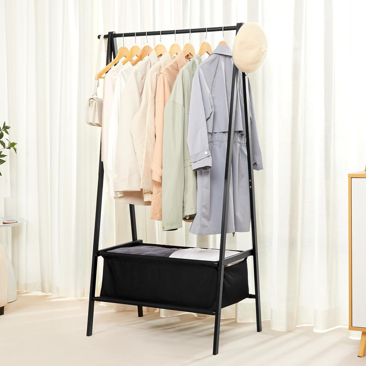 Bamboo Clothes Rack with Storage Box, Garment Holder Clothing Stand for Hanging Coat, Foldable Wardrobe Organizer for Entryway and Bed Room (Black)