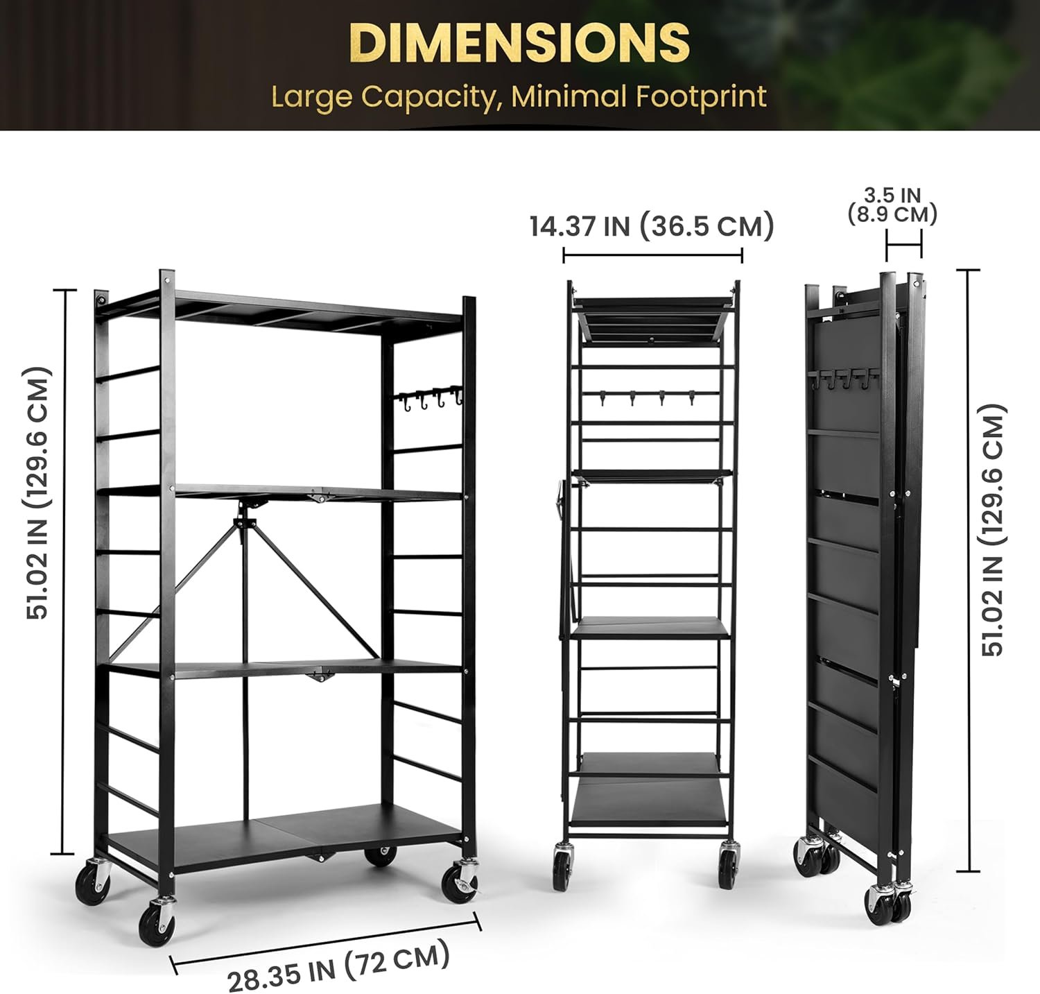 Foldable Shelf with Wheels | 4-Tier Versatile Expandable Shelf Storage Solution - Strong & Stylish Carbon Steel. Use Anywhere from Kitchen Racks and Shelves to Laundry Room Storage Rack - Image 2