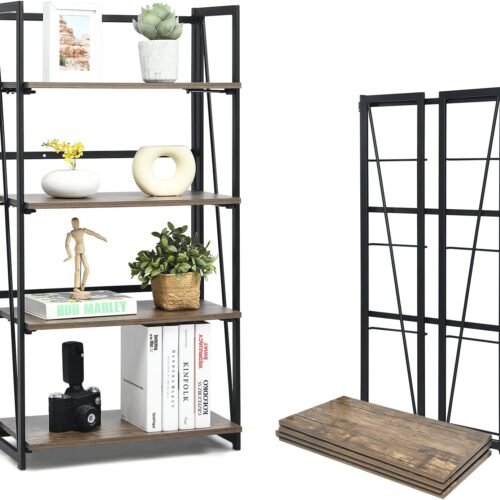 4-Tier Bookshelf, No-Assembly Folding Industrial Storage Shelves w/Anti-Tipping Wall Bolt, Large Storage Space Display Rack and Freestanding Storage Organizer