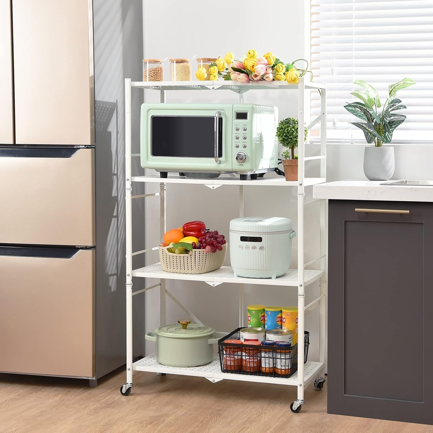 Foldable 4-Tier Storage Shelving Unit with Lockable Wheels, Space-Saving Organizer Rack for Home and Office, Freestanding Metal Rack, 1 Piece, White - Image 2
