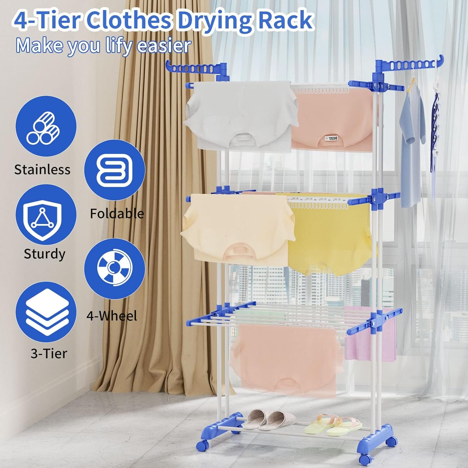 Clothes Drying Rack,Folding Clothes Rail Storage Rack, 4 Tier Clothes Horses Rack Stainless Steel Laundry Garment Dryer Stand with Two Side Wings -Light Blue - Image 2