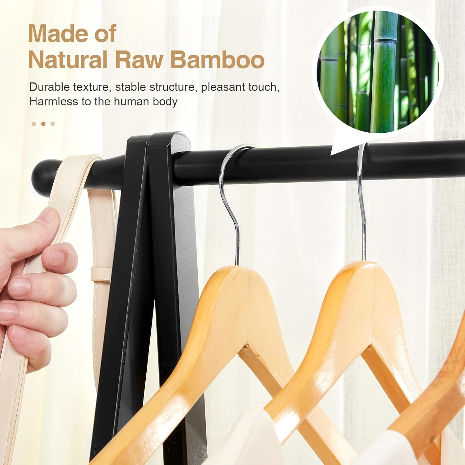Bamboo Clothes Rack with Storage Box, Garment Holder Clothing Stand for Hanging Coat, Foldable Wardrobe Organizer for Entryway and Bed Room (Black) - Image 2