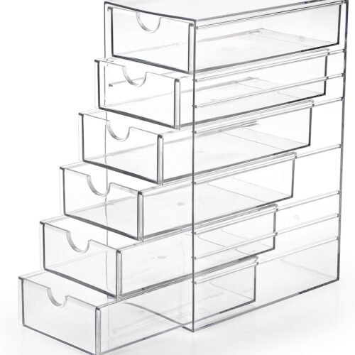 Plastic Drawer Organizer Clear Desktop Drawers Box with 6 ll Out Drawer Compact Storage Box for Cabinet Vanity Bathroom Bedroom Pantry Shelf Office or Closet Organization