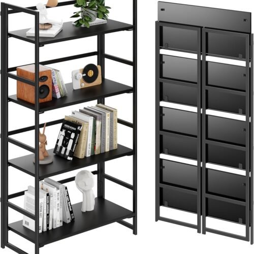 Vintage Multifunctional Folding Bookshelf, No-Assembly Plant Stand Storage Rack Shelves for Home Office (All Black, 4-Tier)