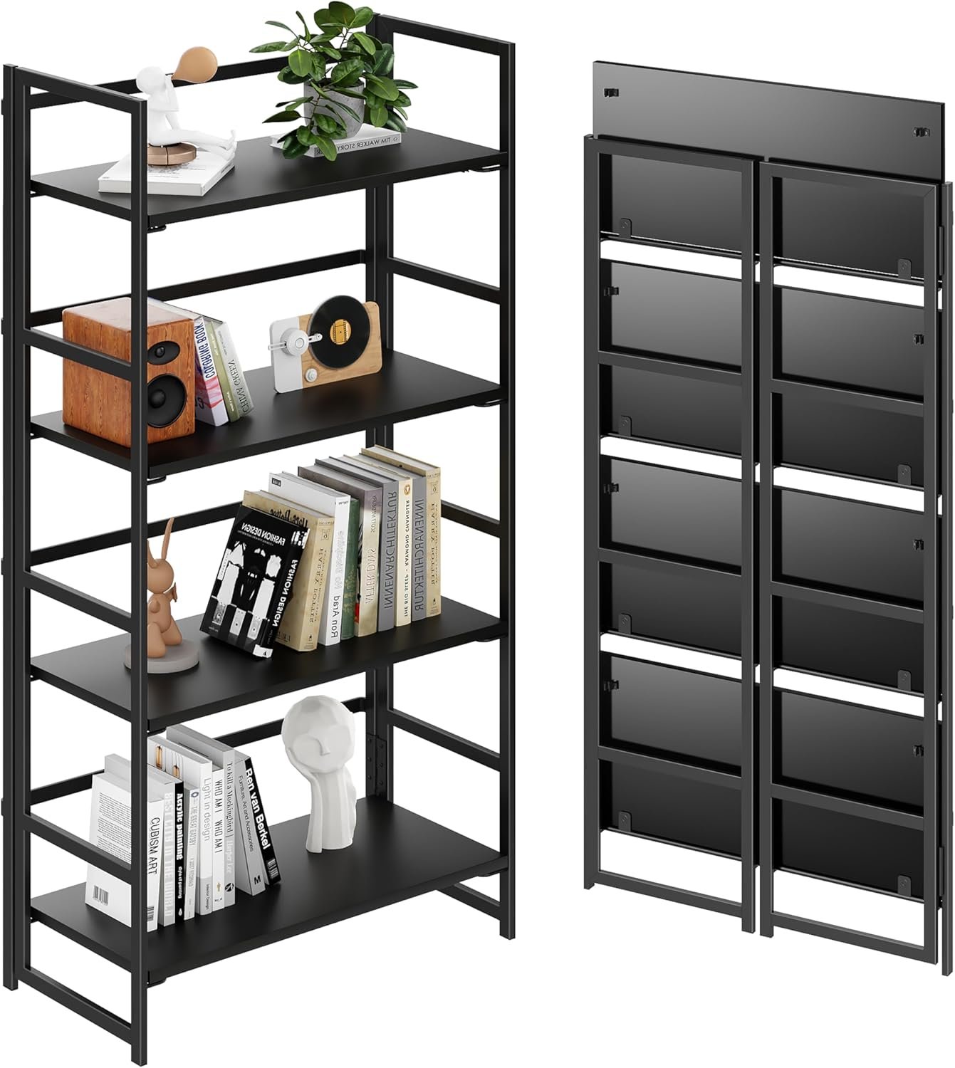 Vintage Multifunctional Folding Bookshelf, No-Assembly Plant Stand Storage Rack Shelves for Home Office (All Black, 4-Tier)