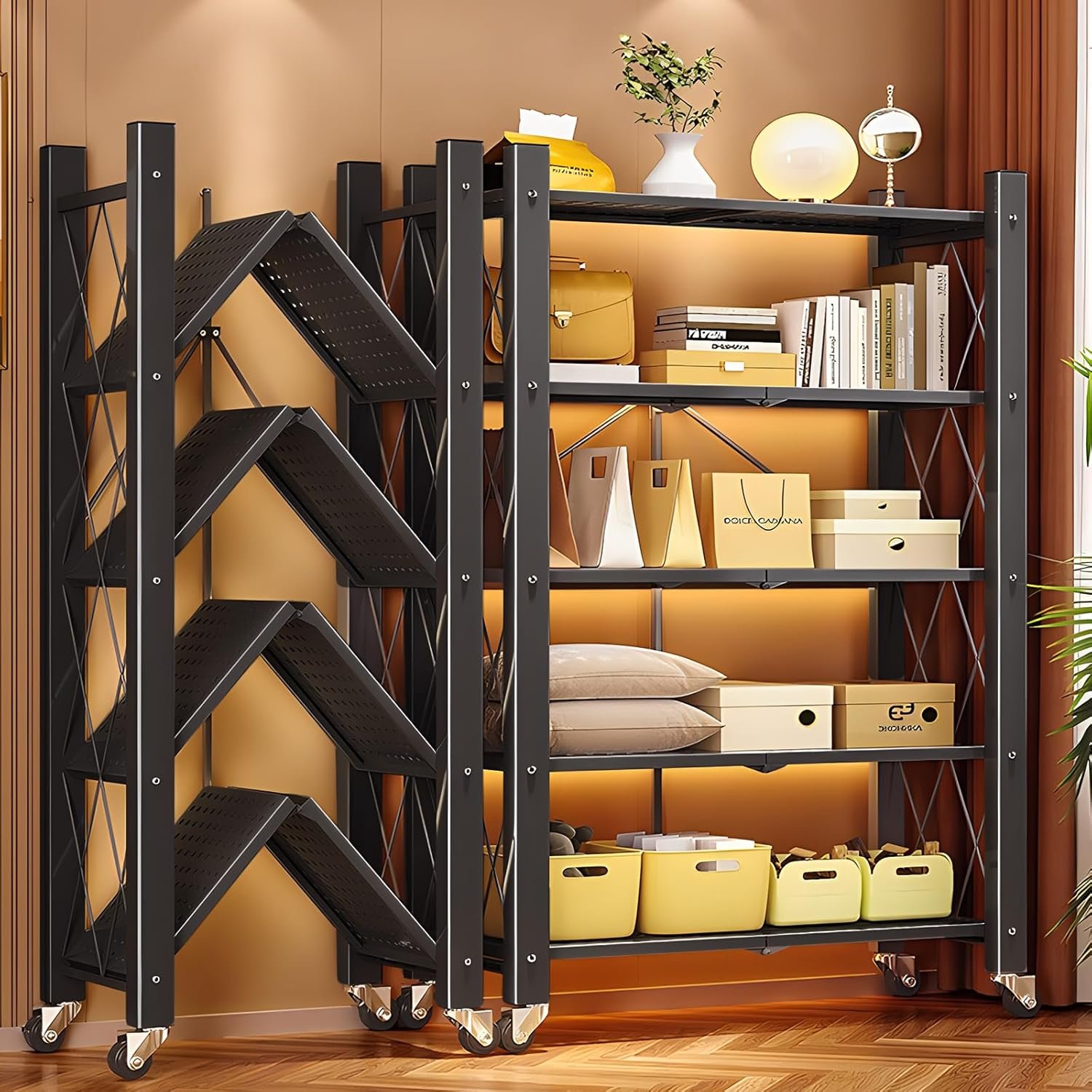 5 Tier Foldable Storage Shelves with Wheels,Heavy Duty Metal Storage Shelving Unit Rolling Cart,No Assembly Utility Shelf Rack Organization Shelves for Garage Kitchen,Basement,Pantry