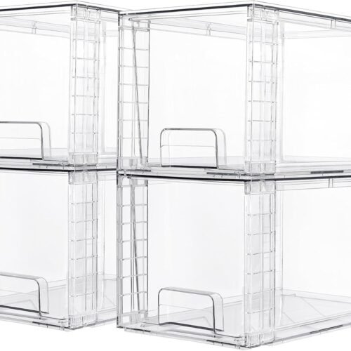 4 Pack Large Stackable Storage Drawers,Clear Acrylic Drawer Organizers with Handles, Easily Assemble for Bathroom,Kitchen Undersink,Cabinet,Closet,Makeup,Pantry organization and Storage
