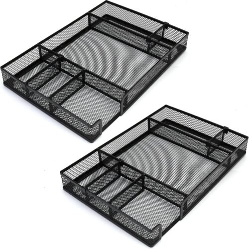 2pcs Desk Drawer Organizer Tray with Adjustable Compartments, 6 Grid Metal Mesh Drawer,Multi-use Desk Organizer Storage Box Set for Office,Home,School Supplies, 12.6 * 9 * 1.9 inch
