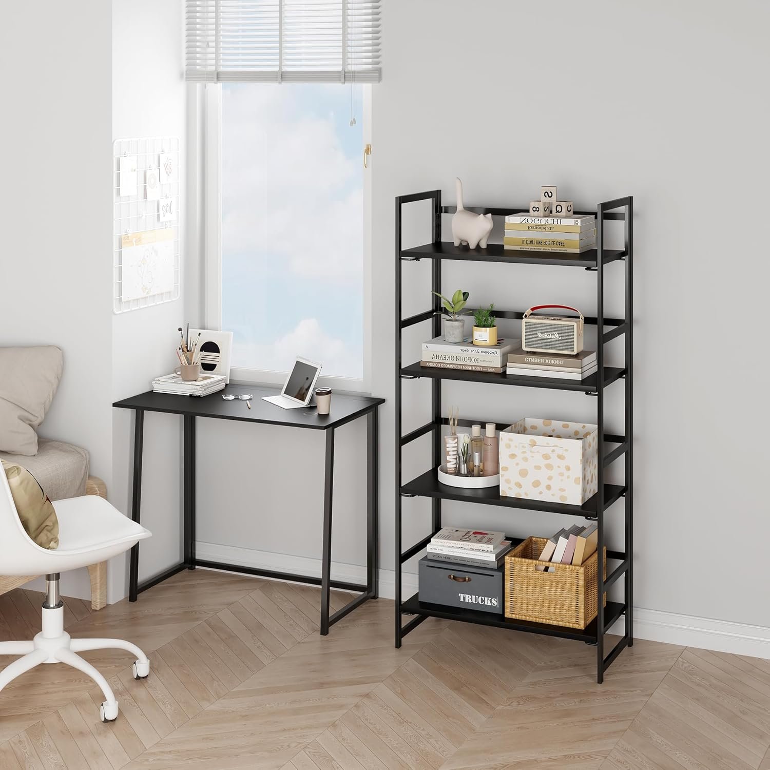Vintage Multifunctional Folding Bookshelf, No-Assembly Plant Stand Storage Rack Shelves for Home Office (All Black, 4-Tier) - Image 2