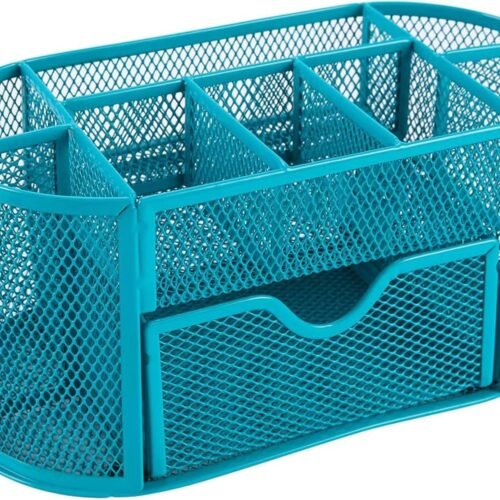 Table Organiser Desk Storage Pen Holder Pen Tray Desk Organiser Desk Box Metal Mesh 14 Compartments Black (Blue)